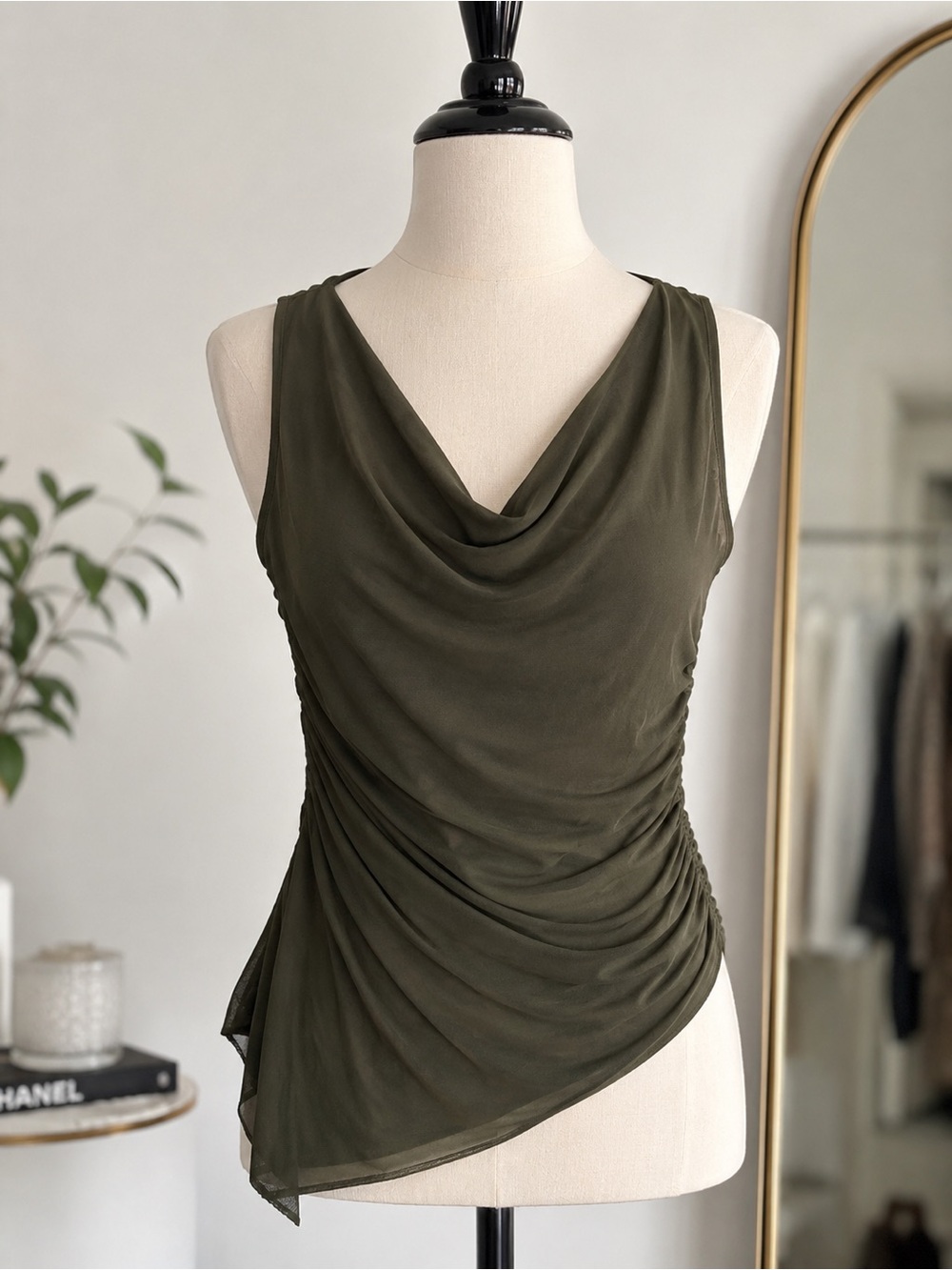 Express Olive Green Draped Sleeveless Blouse